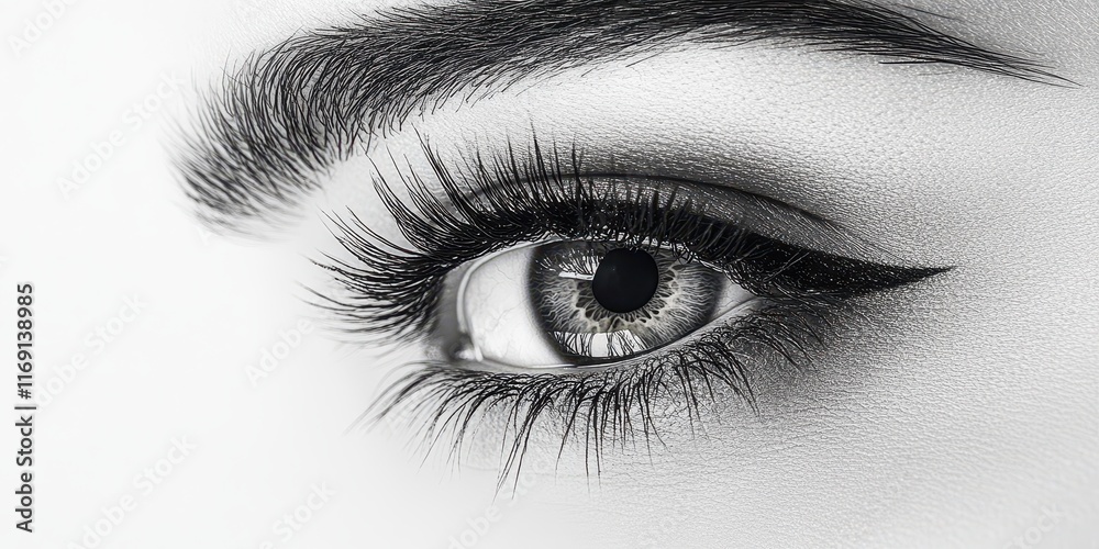 Fototapeta premium Close-up of a female eye showcasing long eyelashes and defined eyeliner against a plain background