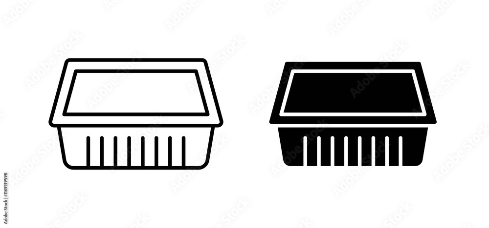 Aluminum foil food container icons in black and white colors Aluminum foil food container icons in black and white colors