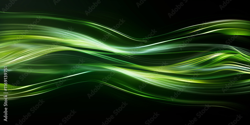 Green speed line wavy shape on dark background. High speed green waves for eco-design. Laser beams luminous abstract sparkling Green speed line wavy shape on dark background. High speed green waves for eco-design. Laser beams luminous abstract sparkling