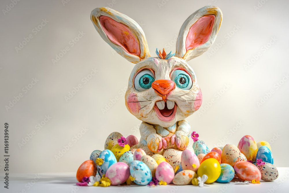 Fototapeta premium Whimsical clay Easter bunny on a white background, embodying joy with vibrant eggs and flowers.