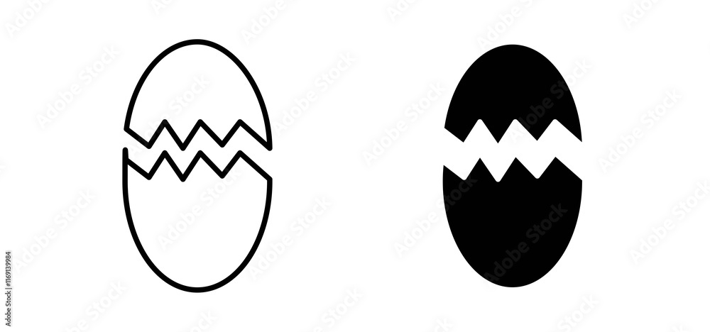 Broken egg icons in black and white colors Broken egg icons in black and white colors