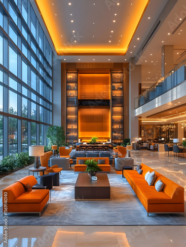 Luxurious hotel lobby with orange sofas, large windows, and warm lighting.