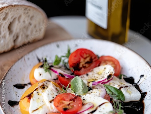 A macro image of a fresh Caprese salad, featuring slices of ripe heirloom tomatoes, creamy mozzarella, and fresh basil leaves, drizzled with balsamic glaze. The salad is plated on a rustic stoneware 