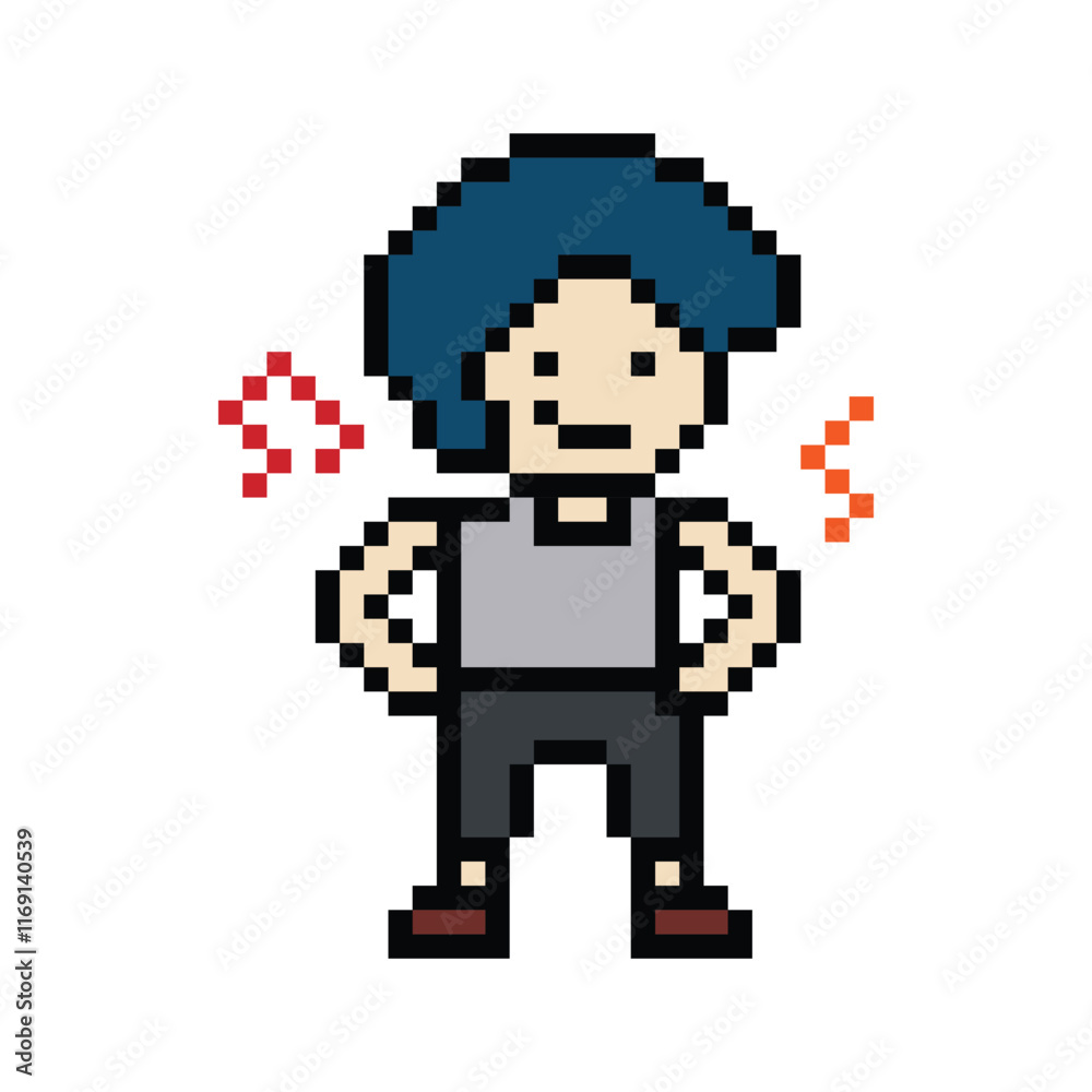 Fototapeta premium Cute cartoon pixel character cute man exercises training aerobic dance lifestyle music decoration life style 8 bit male boy dance with music game 8bit fitness isolated PNG vector.