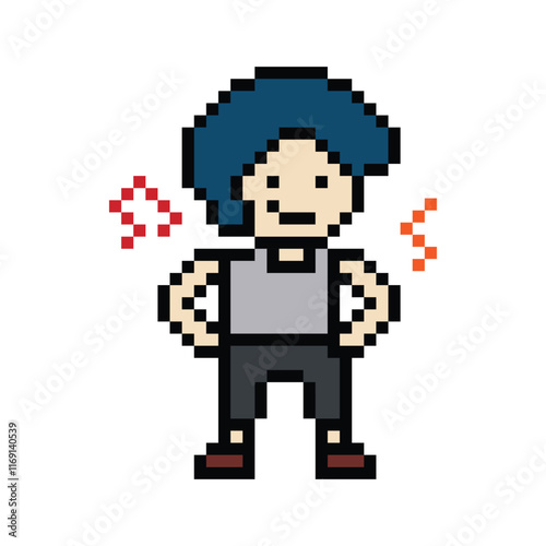 Cute cartoon pixel character cute man exercises training aerobic dance lifestyle music decoration life style 8 bit male boy dance with music game 8bit fitness isolated PNG vector.