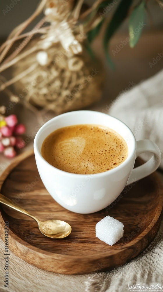 A macro image of a freshly brewed espresso shot in a sleek white ceramic cup, with a layer of rich golden crema on top. The espresso is placed on a wooden saucer with a sugar cube and a tiny A macro image of a freshly brewed espresso shot in a sleek white ceramic cup, with a layer of rich golden crema on top. The espresso is placed on a wooden saucer with a sugar cube and a tiny