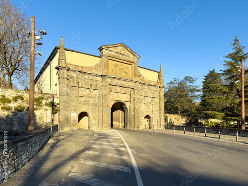 Bergamo, Italy. The old town. Landscape on the old gate named Porta Sant Agostino. It is one of the four access doors to the old city photo