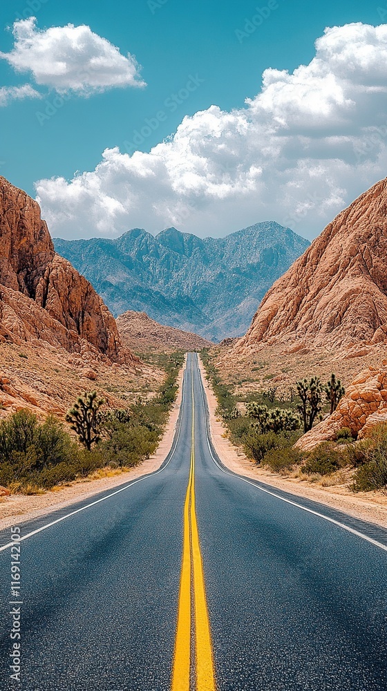 Fototapeta premium A panoramic shot of a long, empty highway stretching into the desert horizon under a dramatic sky with towering cumulonimbus clouds.