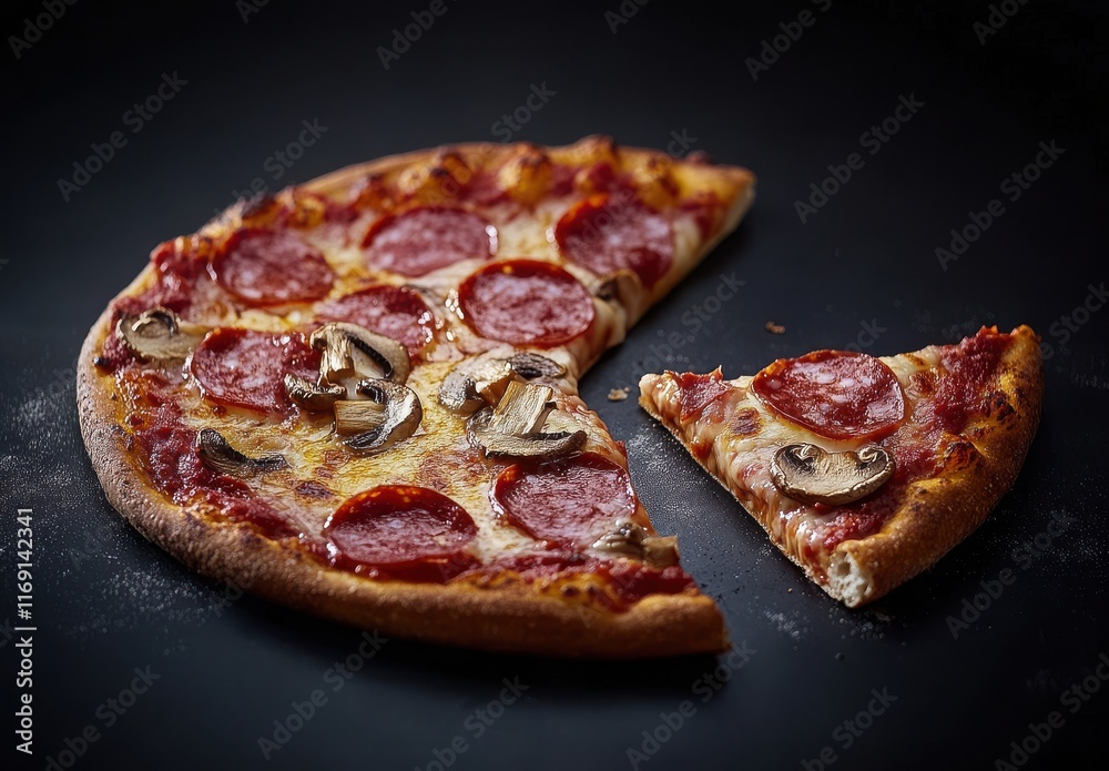 Delicious pepperoni pizza with mushrooms and melted cheese on a dark wooden surface, showcasing a slice removed against a moody backdrop Delicious pepperoni pizza with mushrooms and melted cheese on a dark wooden surface, showcasing a slice removed against a moody backdrop