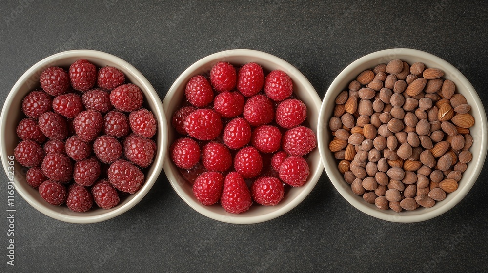 Three bowls of assorted berries and nuts on a table. Three bowls of assorted berries and nuts on a table.