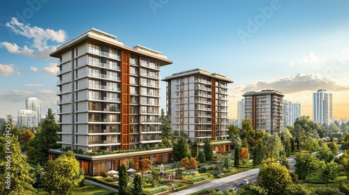 Modern residential buildings surrounded by greenery in a vibrant urban neighborhood