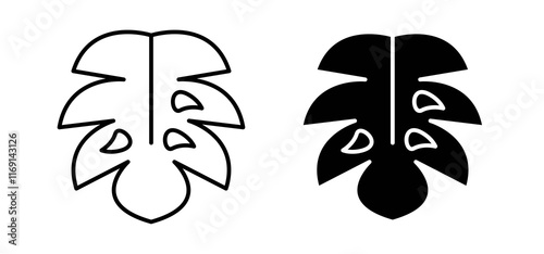 Monstera deliciosa plant leaf icons in black and white colors