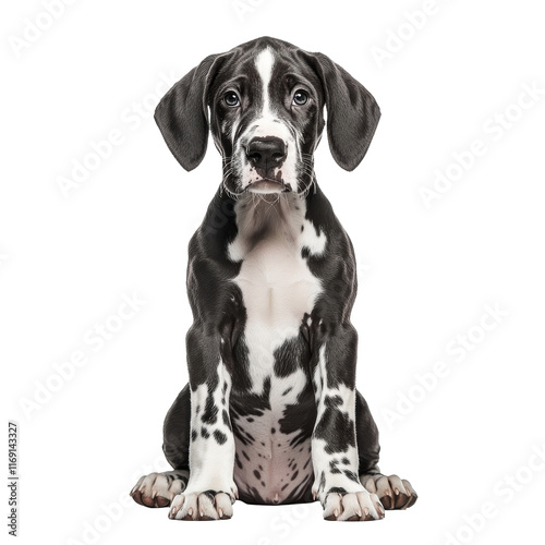 Cute black and white puppy sitting calmly indoors photo