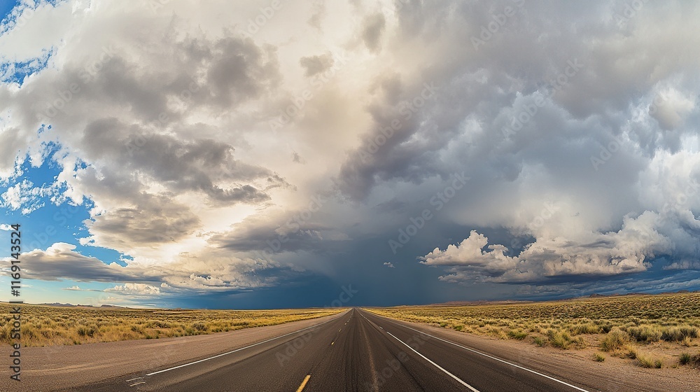 Naklejka premium A panoramic shot of a long, empty highway stretching into the desert horizon under a dramatic sky with towering cumulonimbus clouds.