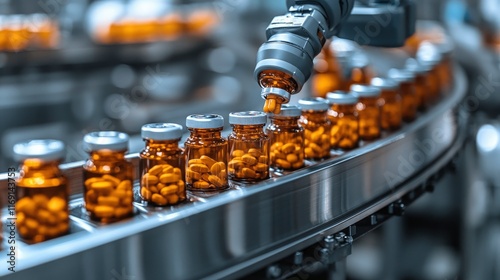 Robotic arm placing medicine bottles on a high-speed conveyor belt in an automated packaging line
