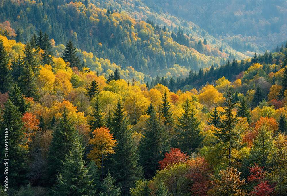 A lush, forested mountain landscape with a mix of evergreen and deciduous trees A lush, forested mountain landscape with a mix of evergreen and deciduous trees