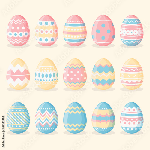  Set of colorful easter eggs on a light yellow background. Easter vector collection in flat design.