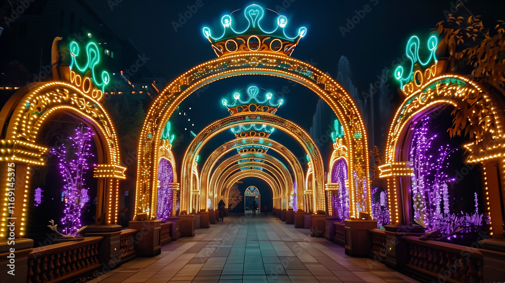 Illuminated archway with Mardi Gras crowns and vibrant lights Illuminated archway with Mardi Gras crowns and vibrant lights