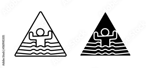 Risk of drowning warning signs set in black and white colors
