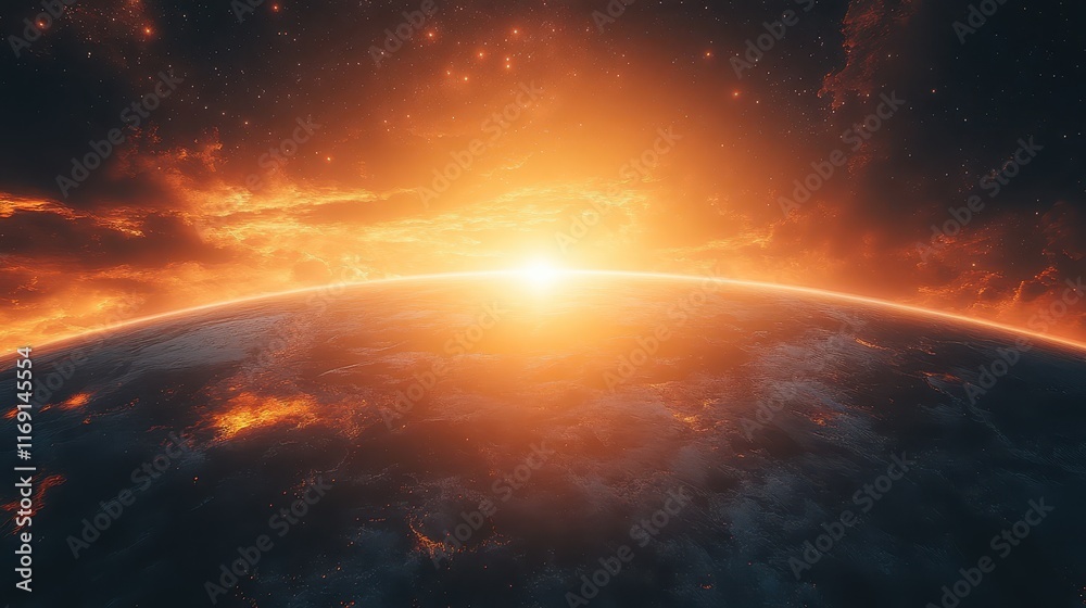 Obraz premium Vibrant sunrise over a distant planet illuminating cosmic horizons with radiant colors