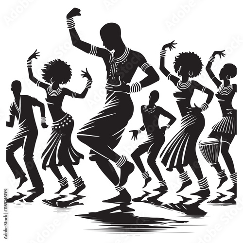African Dance Silhouette Vector Illustration, Solid White Background.