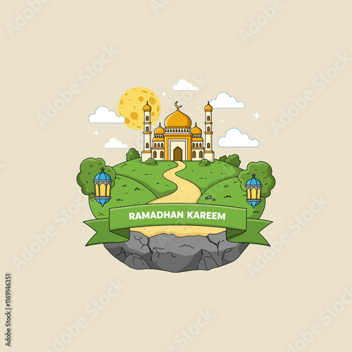 A stylized illustration depicts a mosque on a hill under a full moon with lanterns and a Ramadan Kareem banner.