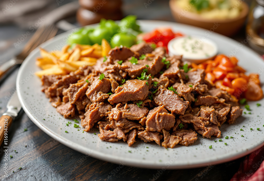 A plate of doner kebab with a generous serving of shredded beef meat A plate of doner kebab with a generous serving of shredded beef meat