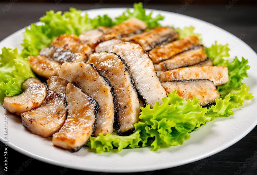 a plate of food with sliced herring fish pieces on a bed of fresh green lettuce a plate of food with sliced herring fish pieces on a bed of fresh green lettuce