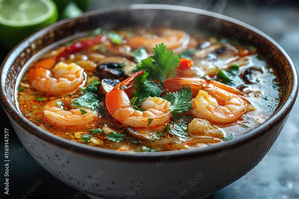spicy thai soup bursting with colors shrimp mushrooms and lime elegantly arranged in a white bowl steam rising inviting aroma encapsulating the essence of vibrant culinary traditions spicy thai soup bursting with colors shrimp mushrooms and lime elegantly arranged in a white bowl steam rising inviting aroma encapsulating the essence of vibrant culinary traditions
