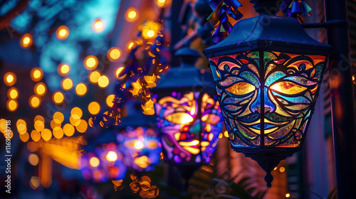 Illuminated Mardi Gras lanterns with colorful mask designs photo