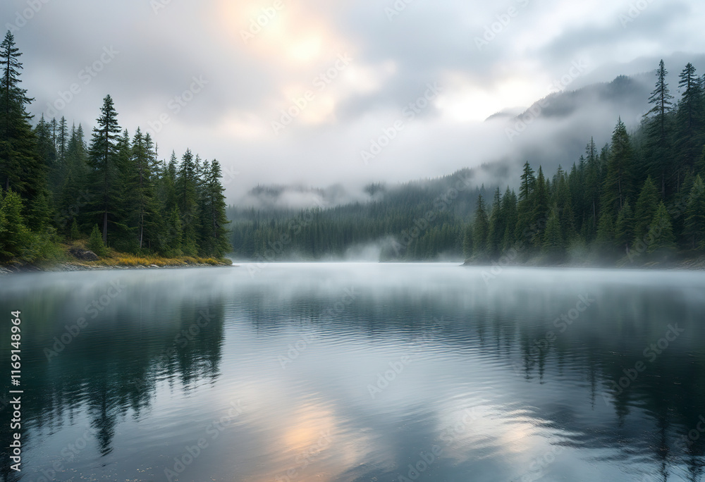 Fototapeta premium A serene lake surrounded by a dense forest of evergreen trees on the shore, with a layer of mist hovering over the calm water