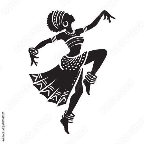African Dance Silhouette Vector Illustration, Solid White Background.