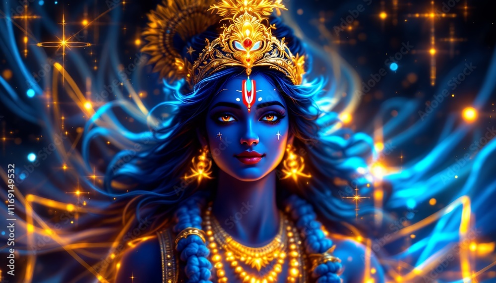 Radiant Goddess: A Digital Painting of a Mystical Blue Figure Adorned in Gold Radiant Goddess: A Digital Painting of a Mystical Blue Figure Adorned in Gold