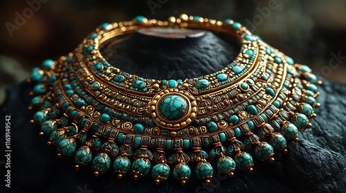 Beautifully crafted 'Inca' inspired necklace featuring gold turquoise designs worn by women in ancient Peru representing their connection to the sun and the gods photo