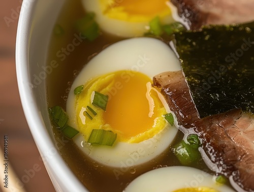 A close-up of a steaming bowl of ramen, with tender pork slices, soft-boiled eggs, seaweed sheets, and scallions, all floating in a rich, flavorful broth. The bowl is placed on a wooden table  photo