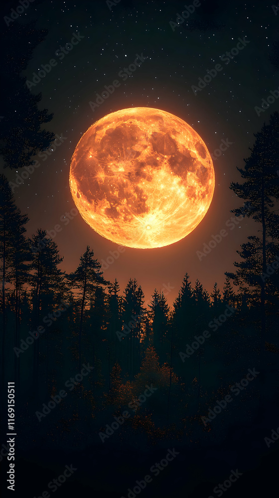 Fototapeta premium Large orange moon rising over dark forest silhouette at night.