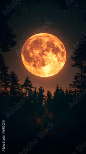 Large orange moon rising over dark forest silhouette at night.