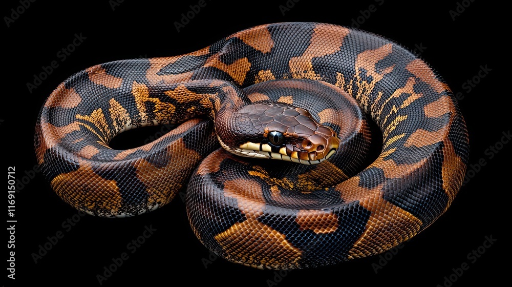 A coiled python displays intricate scale patterns and vibrant colors A coiled python displays intricate scale patterns and vibrant colors