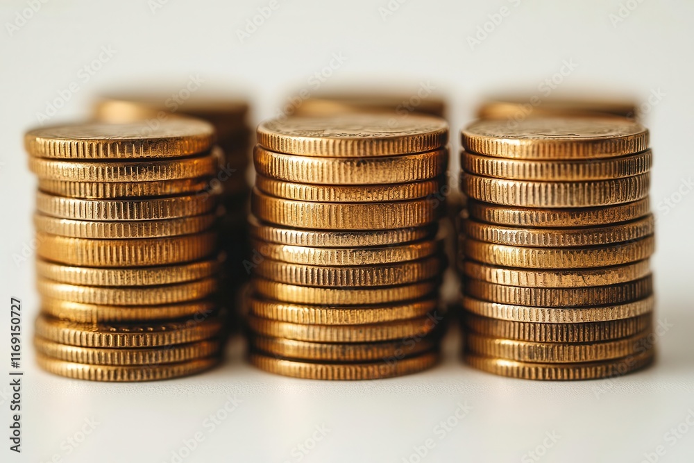 stacks of gleaming coins arranged carefully on a clean white backdrop symbolizing wealth and prosperity in a minimalist composition stacks of gleaming coins arranged carefully on a clean white backdrop symbolizing wealth and prosperity in a minimalist composition