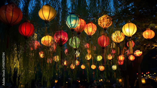 The Lantern Festival 2025 lights up street in China with vibrant lanterns, colorful decorations, celebrating Yuanxiao Festival under a full moon on the fifteenth lunar month. photo