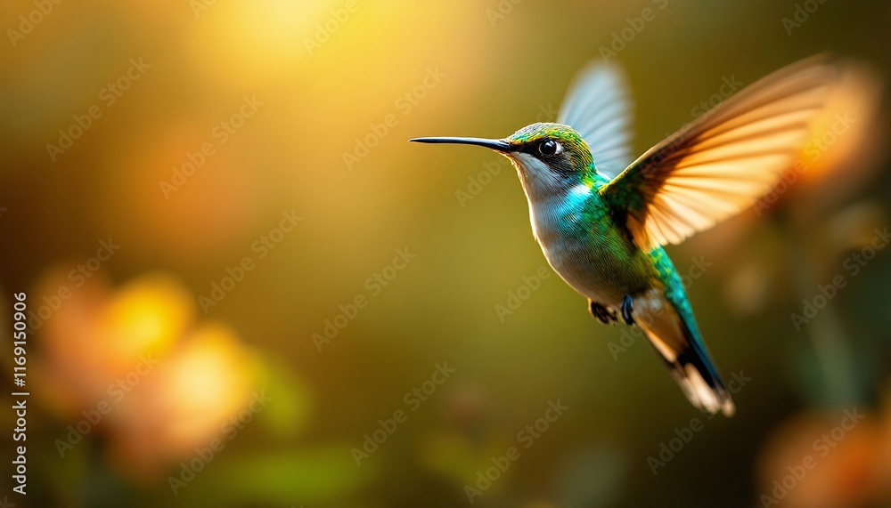 Fototapeta premium Hummingbird in Flight: A Burst of Emerald and Gold
