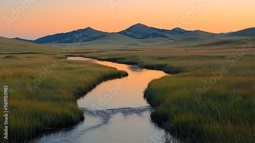 Serene sunset over a meandering stream in a grassy valley, reflecting the soft light of the sky and mountains. photo