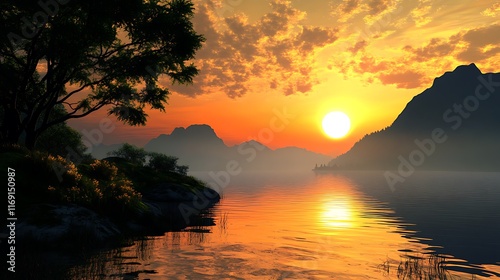 A sunrise over a peaceful landscape, representing the hope and possibilities of life’s journey  photo