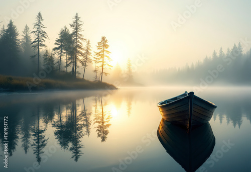 Fototapeta Naklejka Na Ścianę i Meble -  A wooden boat floating on a misty lake at sunrise, with the sun peeking through the fog and trees in the background