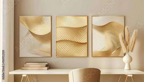 Abstract Gold Wave Triptych Illustration