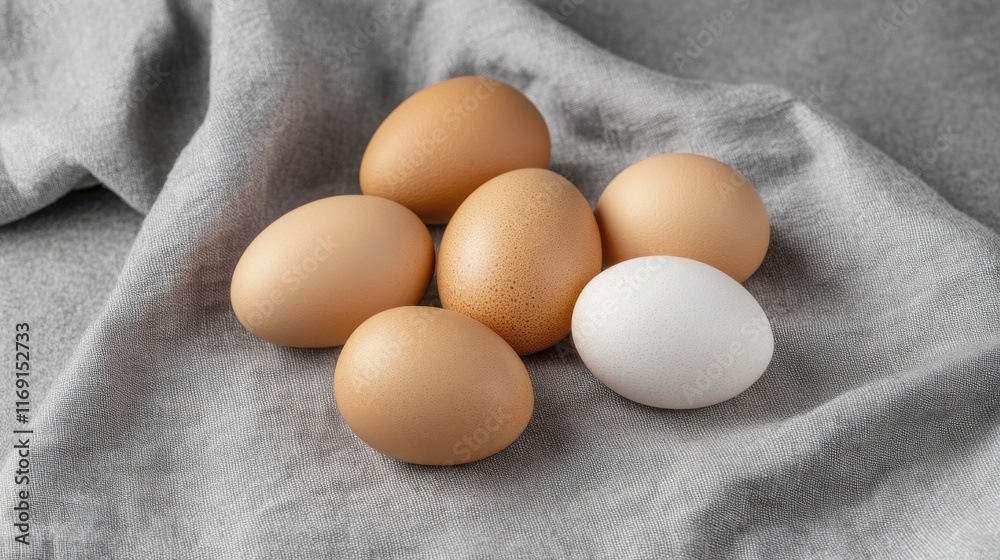 Fresh eggs arranged on a gray linen cloth, showcasing various shades of brown and a white egg in a natural setting Fresh eggs arranged on a gray linen cloth, showcasing various shades of brown and a white egg in a natural setting