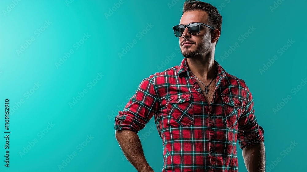 A stylish man in sunglasses and a plaid shirt poses confidently. A stylish man in sunglasses and a plaid shirt poses confidently.