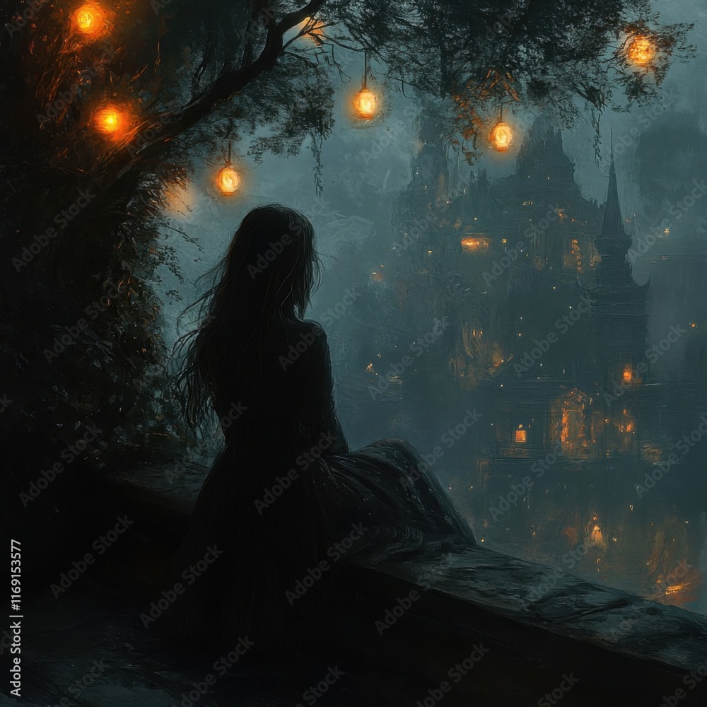 Mysterious Night Scene with Lanterns and Silhouette Mysterious Night Scene with Lanterns and Silhouette