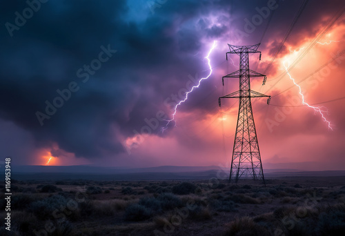 Dramatic power line tower in a stormy, apocalyptic landscape with lightning and smoke