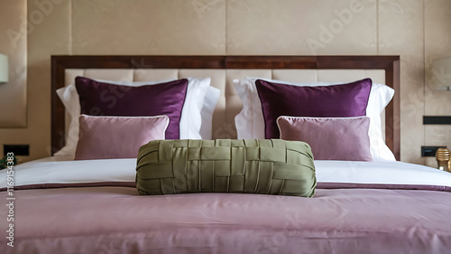 A neatly made bed with a dark wood headboard features several pillows in shades of purple, mauve, and olive green.  The bedding is a light mauve. The background wall is a light beige. photo